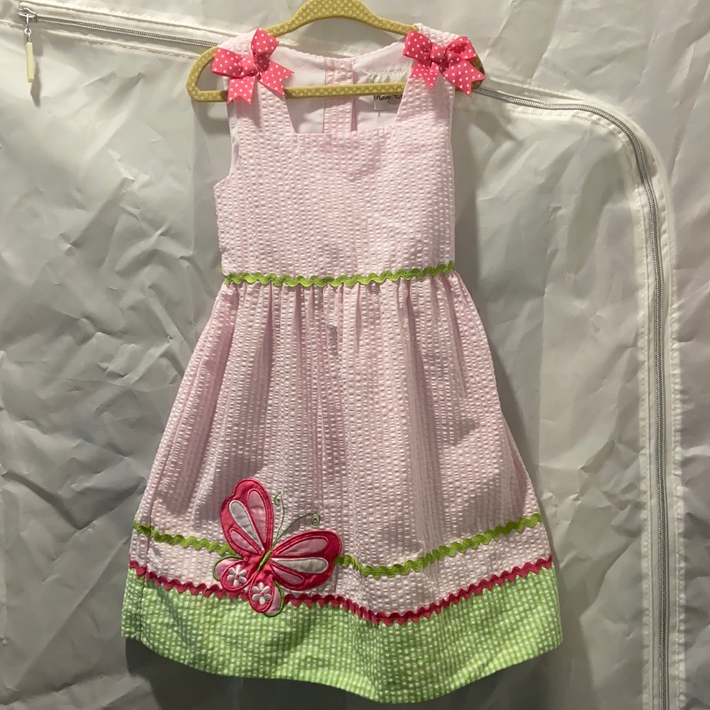 New Rare Editions Pink & Green Gingham Butterfly & Ribbon Detail Dress. 4T